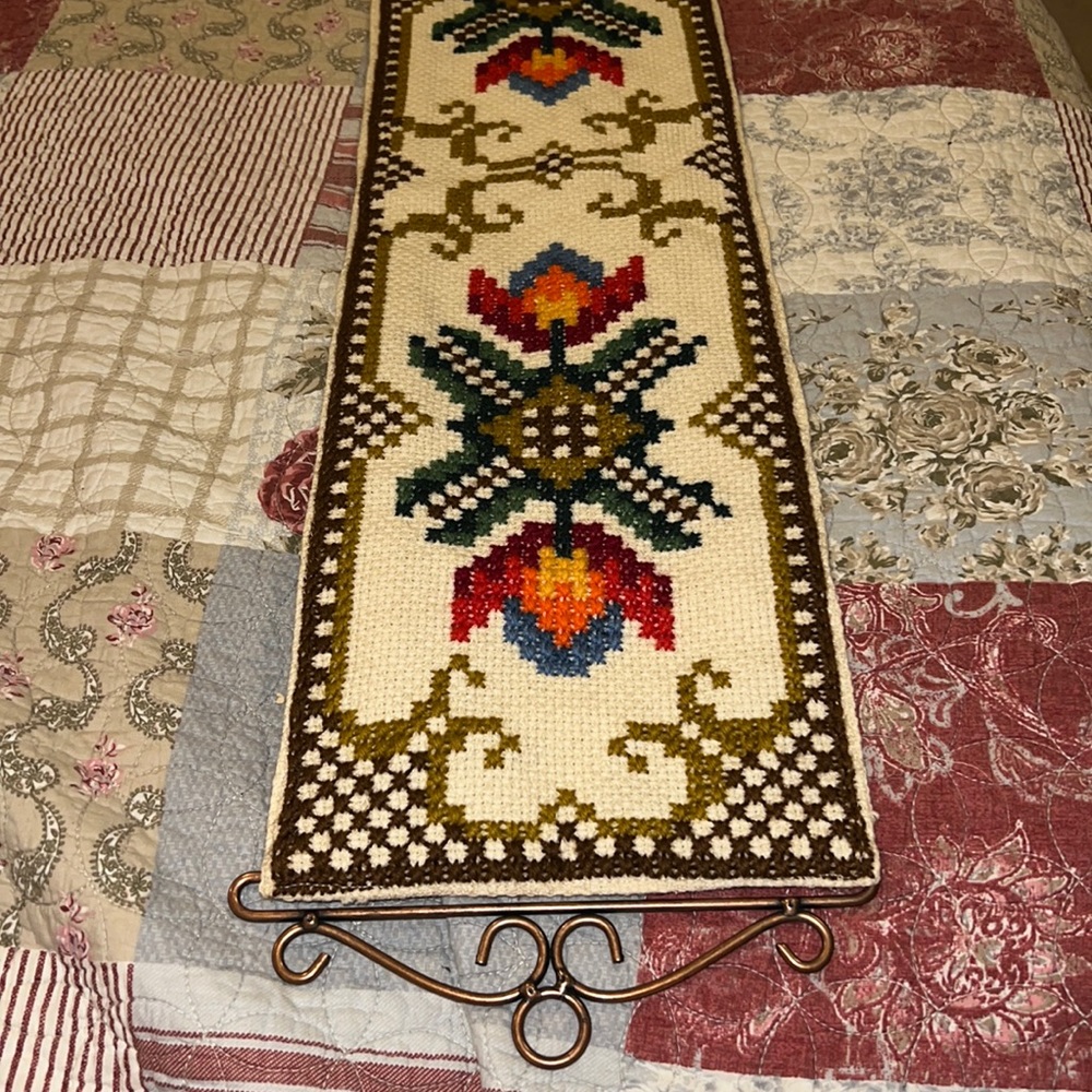 Vintage MCM Mid century needlepoint wall hanging 36” x 8”